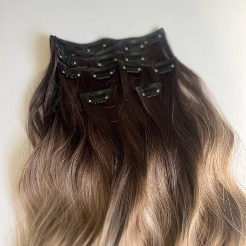 Water Wave Brown to Ash Blonde Balayage Clip in Hair Extensions Set - Picture 7 of 8